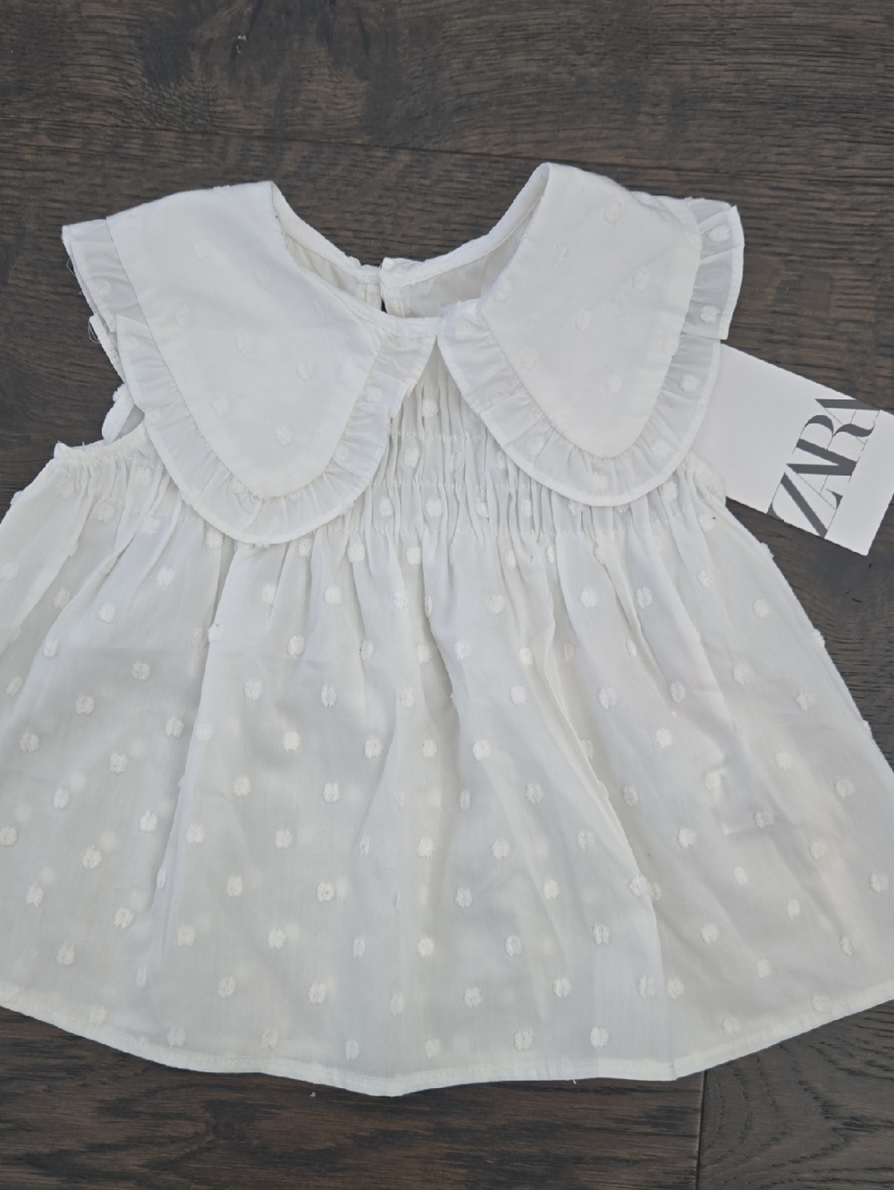 NWT Zara White Swiss Dot Ruffled Peter Pan Collar Top